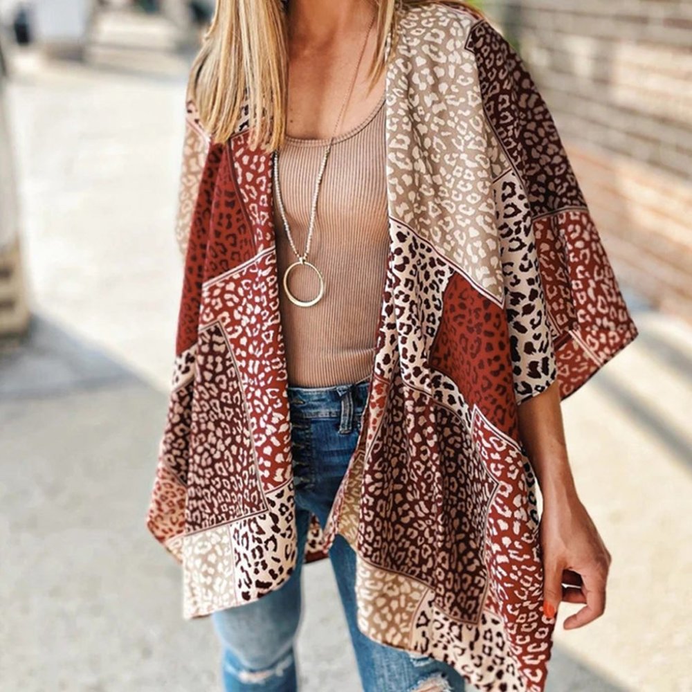 NEW Red Leopard Color Block Patchwork Cheetah Animal Cover Up Open Front Kimono